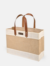 Jute Market Tote with sturdy leather handles and spacious renewable jute material for everyday essentials or market produce.