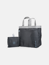 Folded and unfolded black reusable Take-Out Tote with built-in pouch, perfect for grocery trips and everyday use.