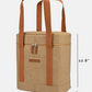 Brown tote bag with brown straps and measurements on a light gray background