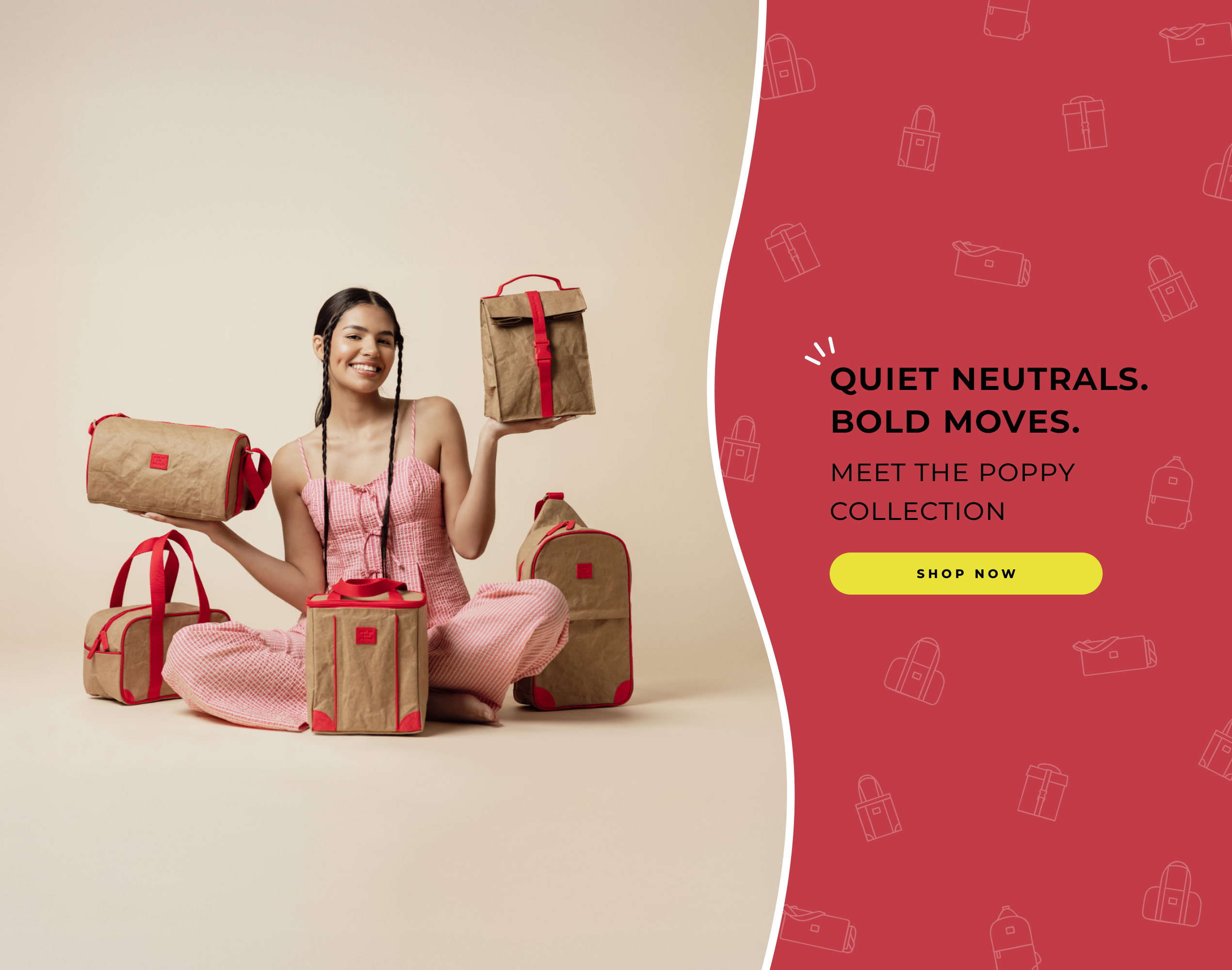 Smiling woman in pink outfit sitting with neutral tone bags from the Poppy Collection against beige background