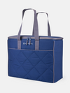 Blue quilted Gemma XL Cooler with gray handles and front pocket, designed for large capacity and durability.