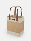 Jute 2-in-1 Convertible Beverage Tote with leather handles and natural jute fabric for carrying bottles or daily essentials.