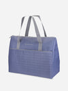 Quilted Weekender XL Cooler in blue with gray handles, spacious insulated bag for snacks and meals on the go.