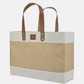 Natural jute market tote bag with sturdy leather handles and spacious design for everyday essentials or shopping.