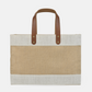 Large rectangular jute tote bag with sturdy brown handles and white trim, perfect for market or everyday use.