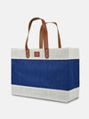 Jute Market Tote with blue and natural jute body and brown leather handles, spacious and sturdy for everyday use.