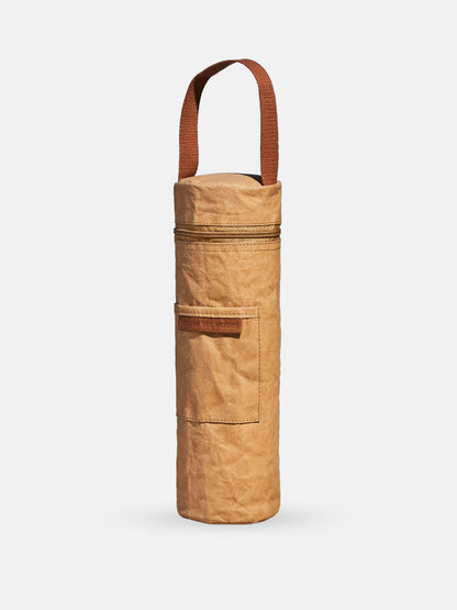 Insulated Wine & Spirits Cooler Tote in tan with zipper and handle designed to keep wine bottles chilled on the go.