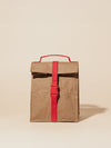 Paper Sack Lunch Cooler with fold-top design, red quick-release buckle, reusable insulated brown bag for lasting chill.