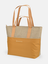 Libra Jute XL Cooler in tan and beige with dual handles and front pocket for easy carrying and cooling on the go.