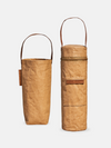 Two brown insulated wine tote bags, one open and one closed, designed for stylish wine transport and chilling.