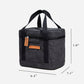 Walrus Lunch Cooler in black fabric with handles, featuring insulated compact design and outer pocket, dimensions shown.